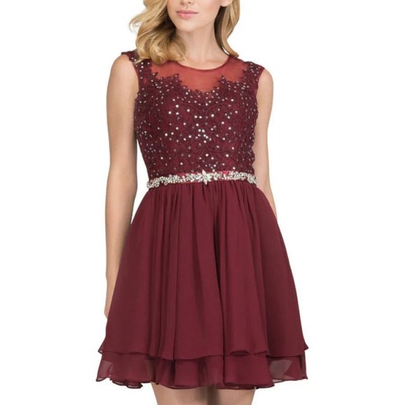 SHORT ILLUSION DRESS WITH BEADED LACE APPLIQUES BY STAR BOX 6171 - Picture 1 of 2